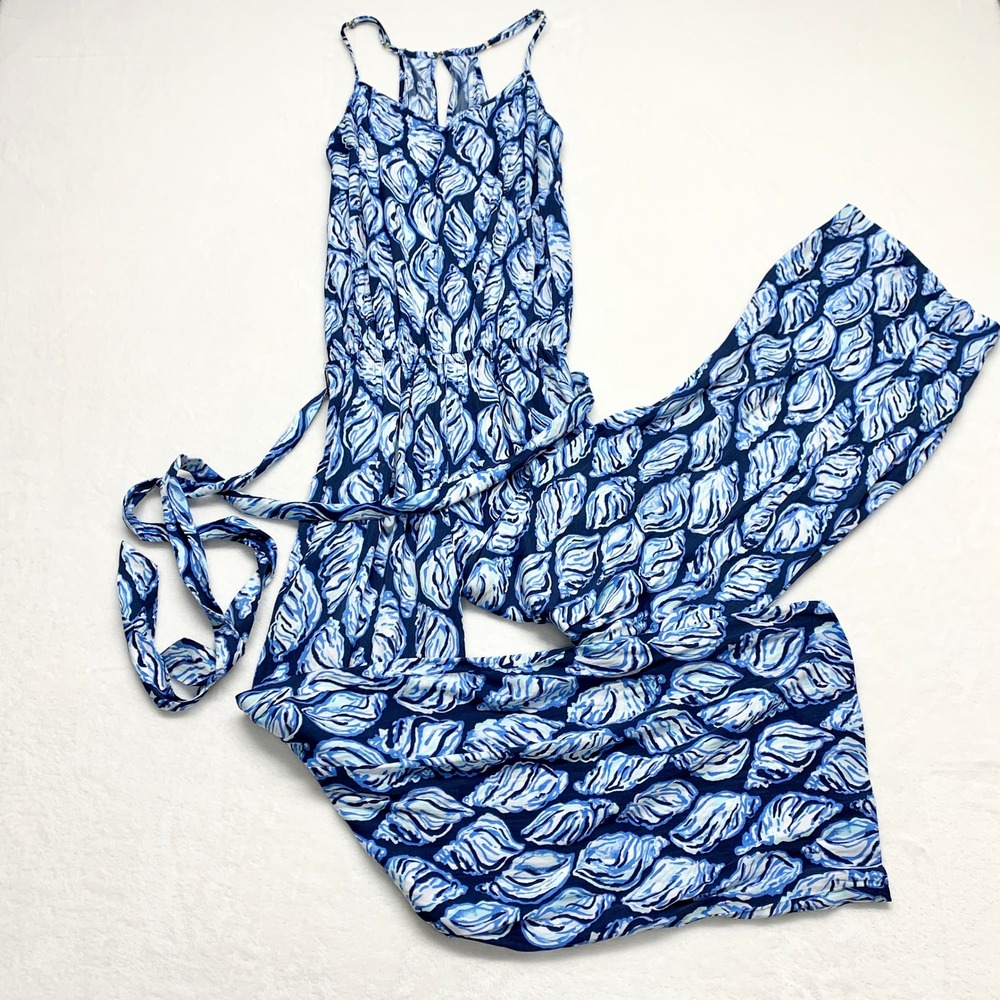 Lilly Pulitzer Shell Print Wide Leg Jumpsuit Women Size XXS Blue Coastal Resort